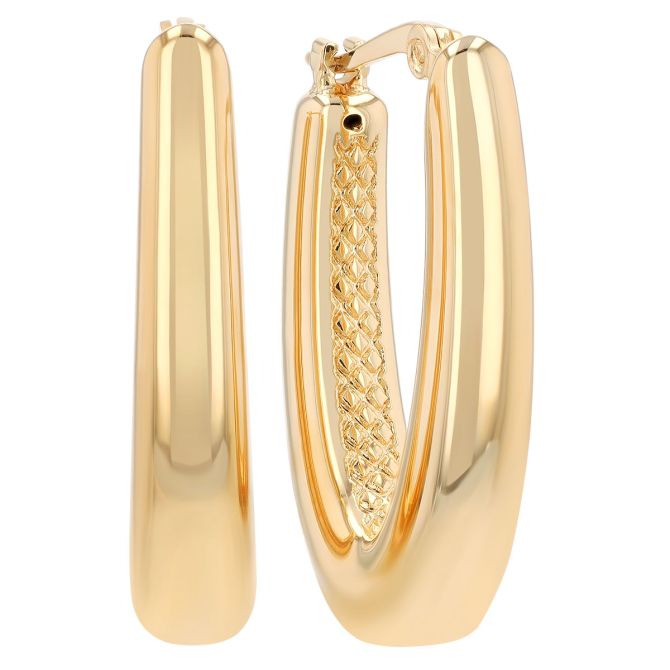 Yellow Gold Tapered Oval Hoop Earrings with Lattice Textured Interior