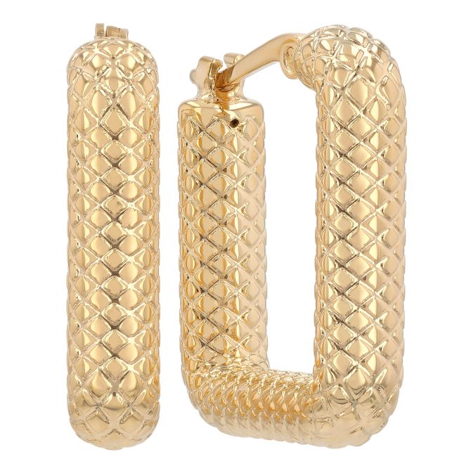 Yellow Gold Snakeskin Texture Square Hoop Earrings