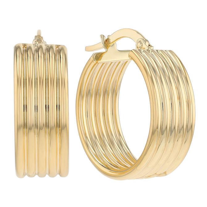 Yellow Gold Fluted Huggie Hoop Earrings, 15 mm