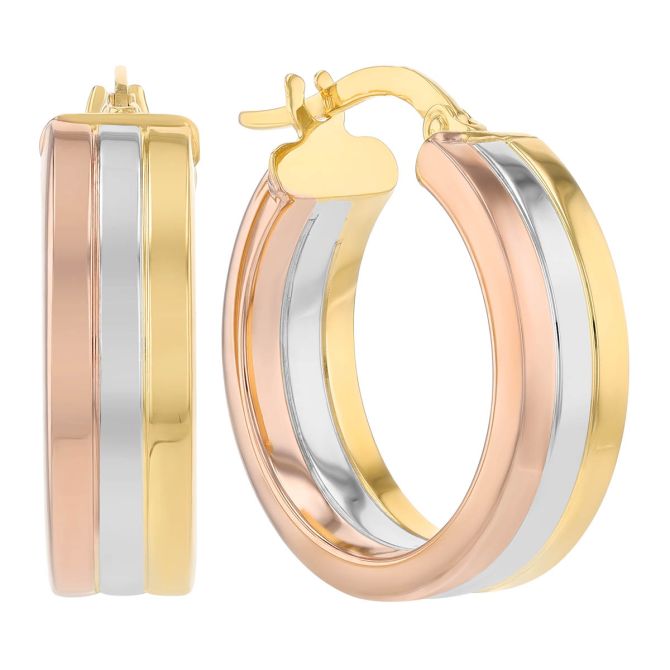 Tri Tone Fluted Huggie Hoop Earrings in Yellow, White and Rose Gold