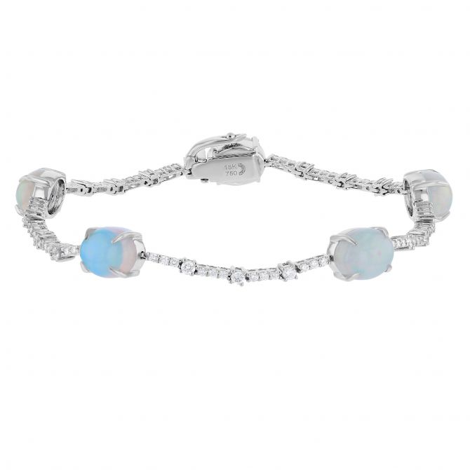 Oval Cabochon Opal & Diamond Station Bracelet in White Gold, 7"