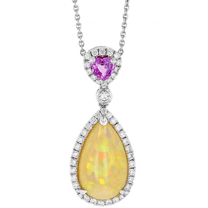 Pear Shaped Opal Cabochon, Heart Shaped Pink Sapphire & Diamond Pendant in White Gold, 16"