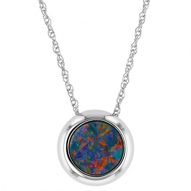 Round Opal Doublet Bezel Set Pendant in White Gold, 18"