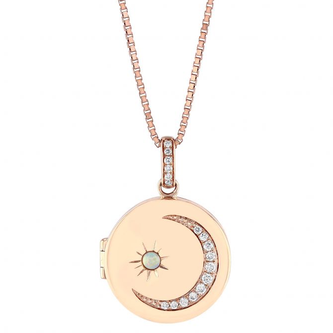 My Story Serenity Opal & Diamond Crescent Moon Locket Pendant in Rose Gold, 24"