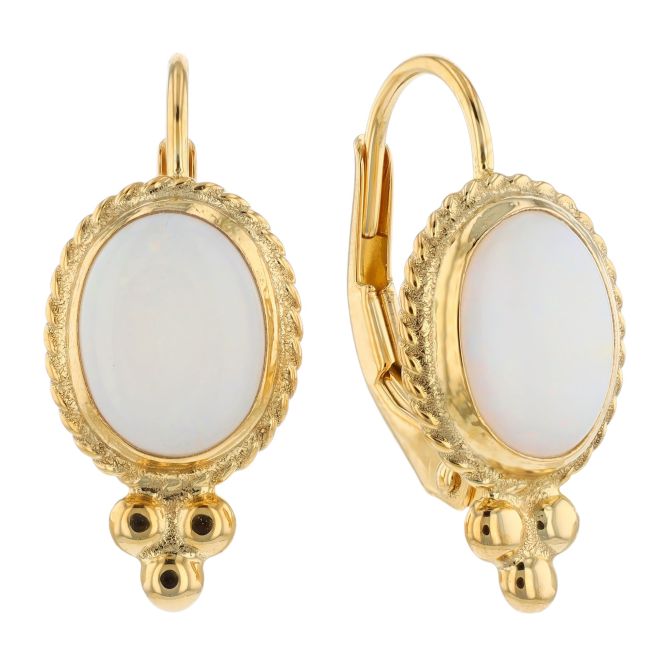 Bezel Set Oval Cabochon Opal Drop Earrings in Yellow Gold