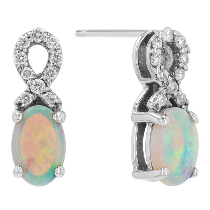 Oval Cabochon Opal & Diamond Swirl Drop Earrings in White Gold