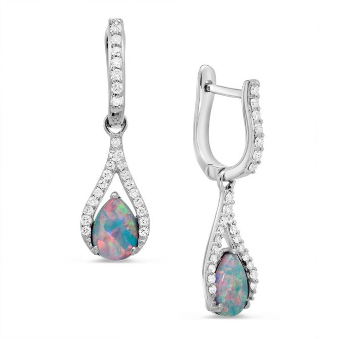 Pear Shaped Opal & Diamond Teardrop Hinged Dangle Earrings in White Gold