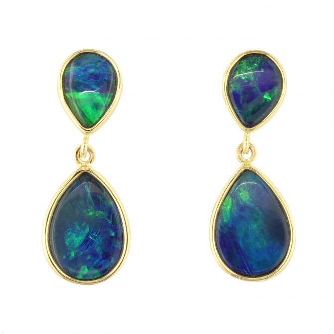 Pear Shaped Opal Doublet Double Drop Post Earrings in Yellow Gold