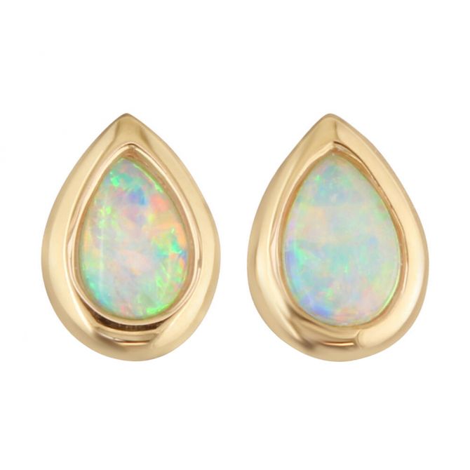 White Opal Pear Shaped Bezel Set Stud Earrings in Yellow Gold