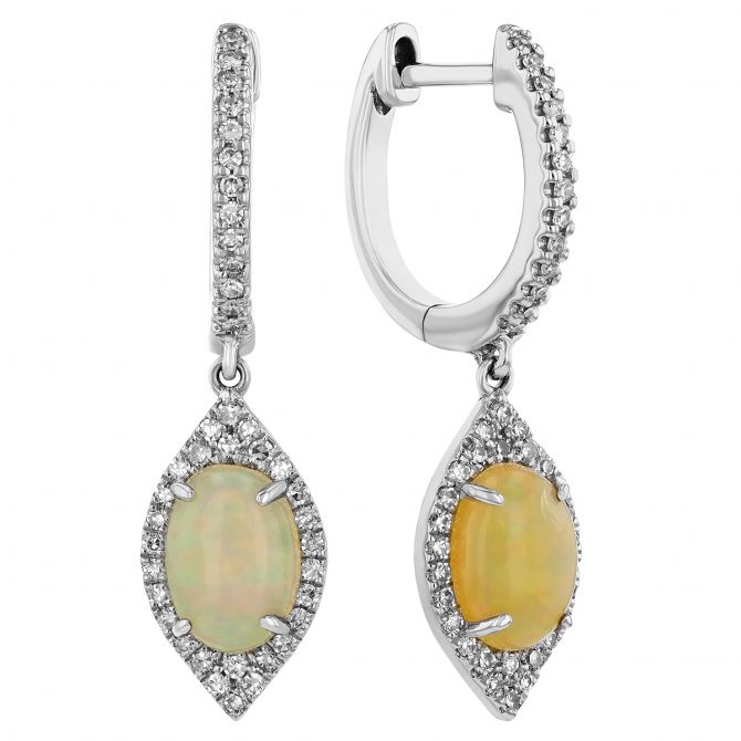 Oval Cabochon Opal & Diamond Halo Dangle Hoop Earrings in White Gold