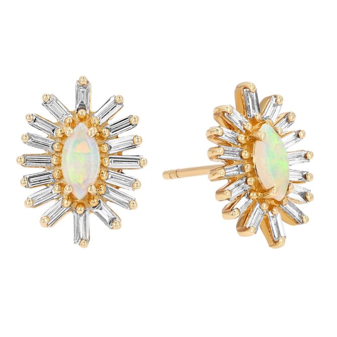 Marquise Cabochon Opal & Baguette Diamond Sunburst Stud Earrings in Yellow Gold