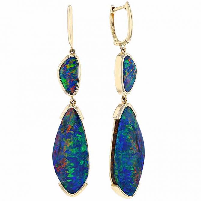 Opal Doublet 2 Drop Leverback Dangle Earrings in Yellow Gold