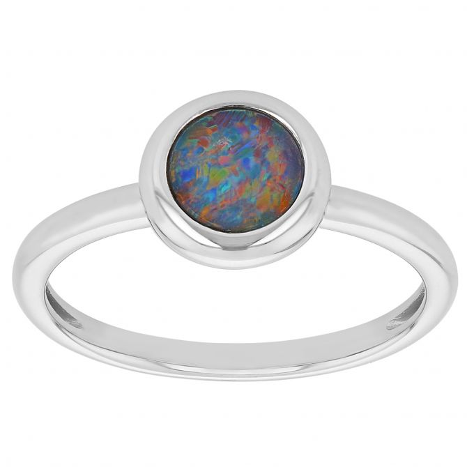 Round Opal Doublet Bezel Set Ring in White Gold