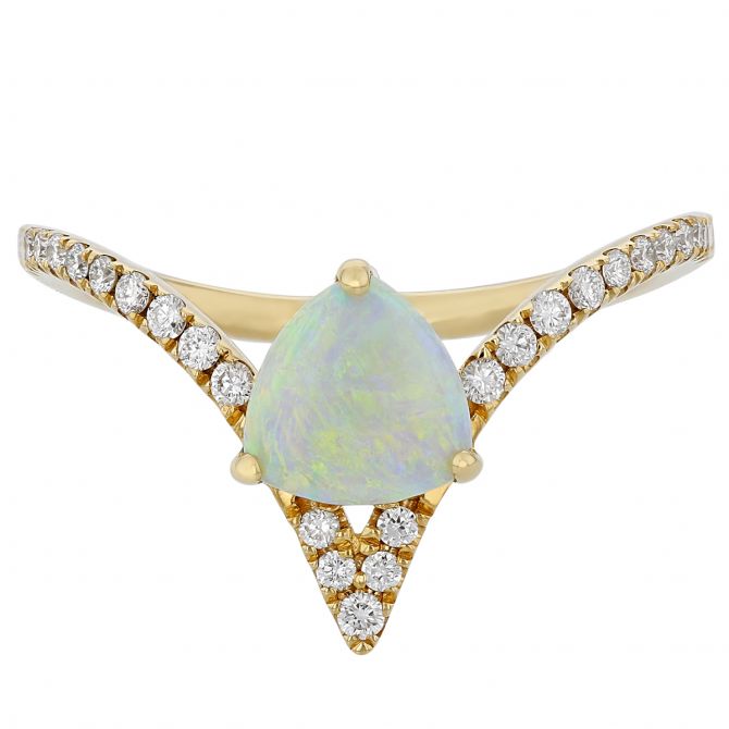 White Opal & Diamond Chevron Ring  in Yellow Gold