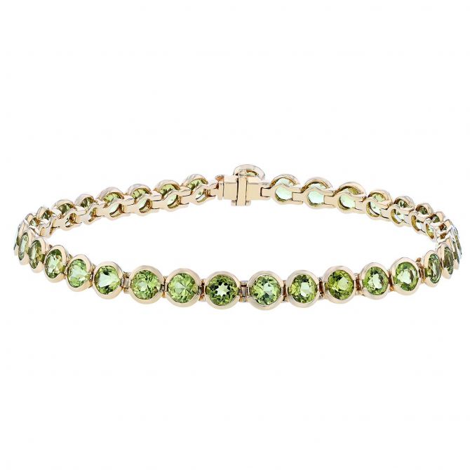 Peridot Bezel Set Tennis Bracelet in Yellow Gold, 7"