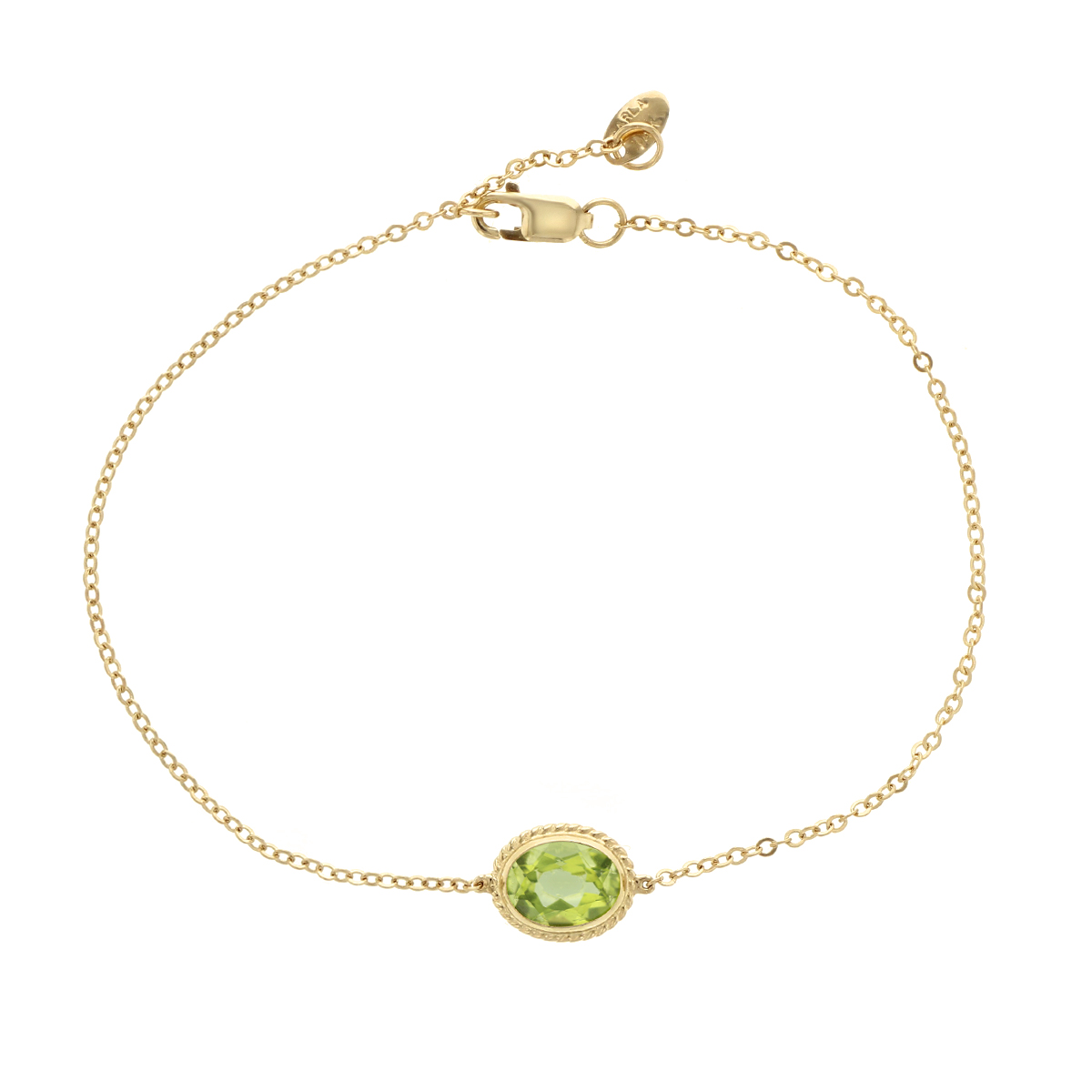 14K Yellow Gold Oval Peridot Rope Bezel Set Bracelet, 7.5