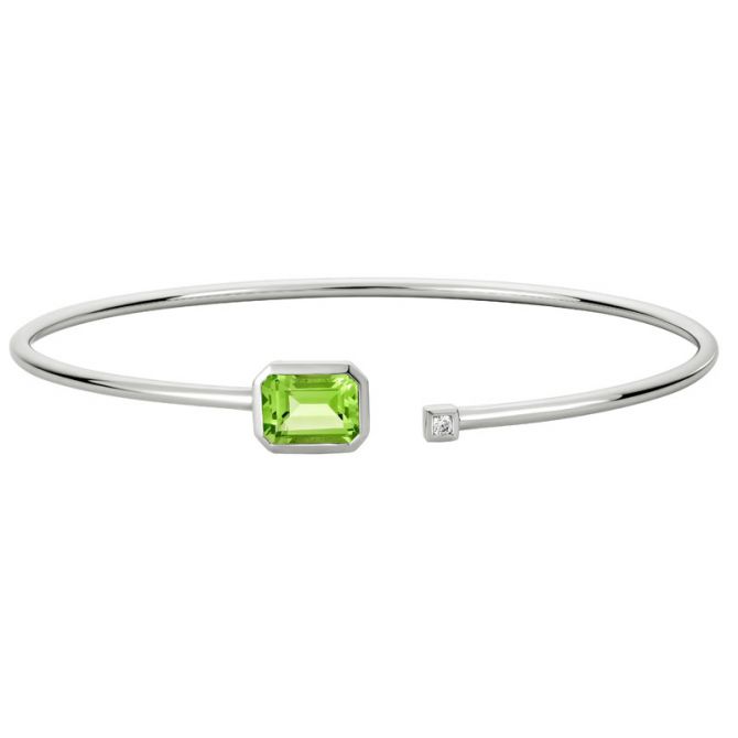 Emerald Cut Peridot & Diamond Bezel Set Open Bangle Bracelet in White Gold