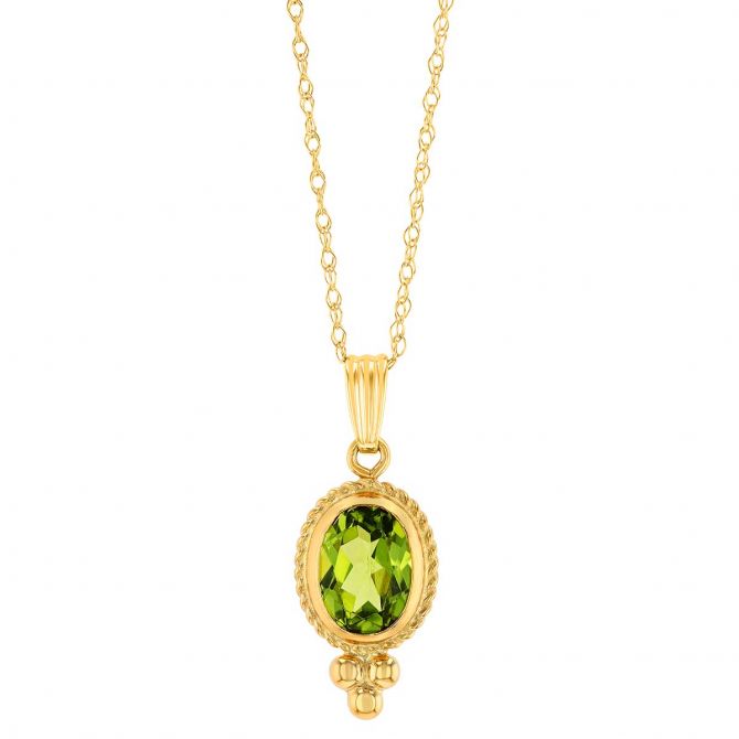 Bezel Set Oval Peridot Pendant in Yellow Gold