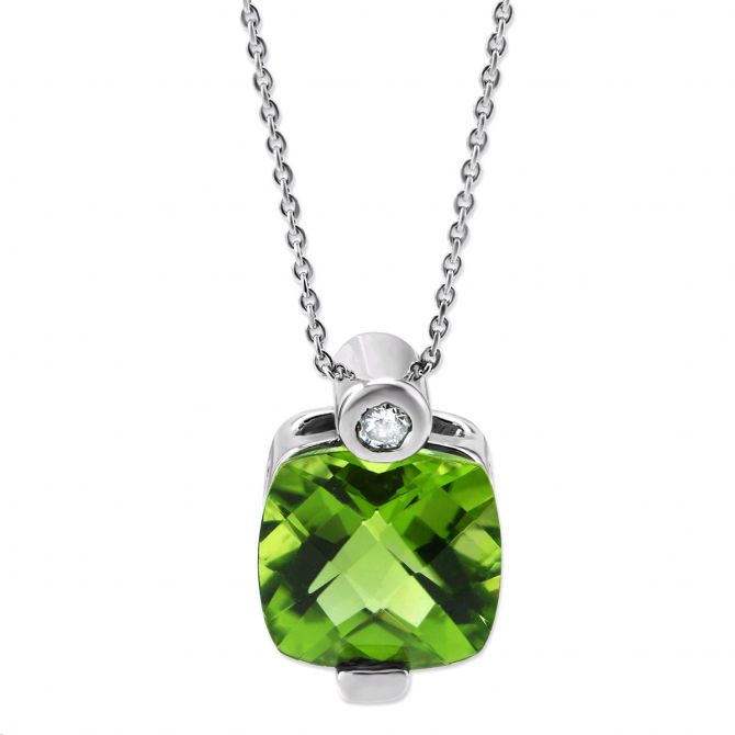 Cushion Peridot Pendant with Bezel Set Diamond in White Gold