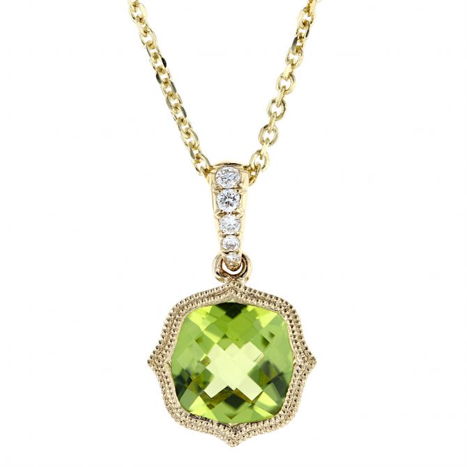 14K Yellow Gold Cushion Peridot & Diamond Milgrain Quatrefoil Pendant, 18"