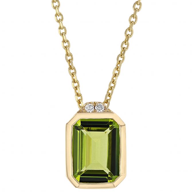 Emerald Cut Peridot Bezel Set Pendant with 2 Diamond Accent in Yellow Gold, 18"