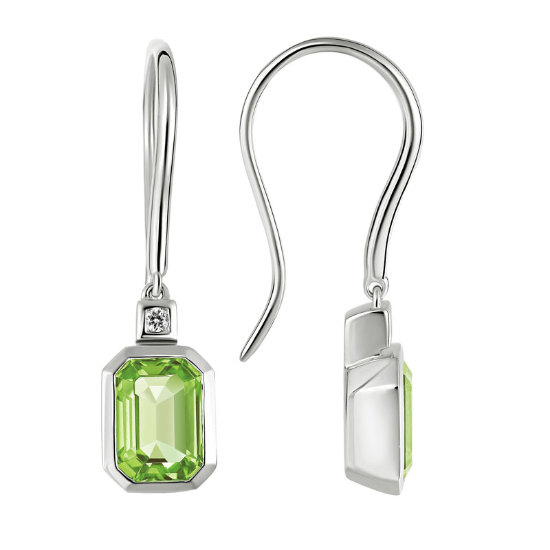 Emerald Cut Peridot Drop Earrings with Diamonds in White Gold | Borsheims