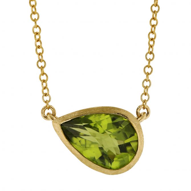 Pear Shaped East West Peridot Necklace in Satin Yellow Gold, 18