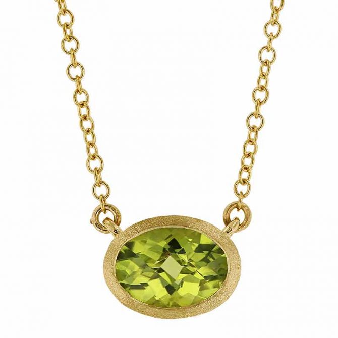 Oval Peridot Pendant with Satin Yellow Gold Bezel, 18"