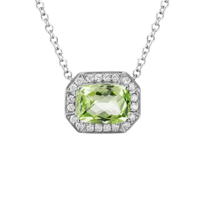 Cushion Peridot Octagon Necklace with Diamond Halo in White Gold, 18"