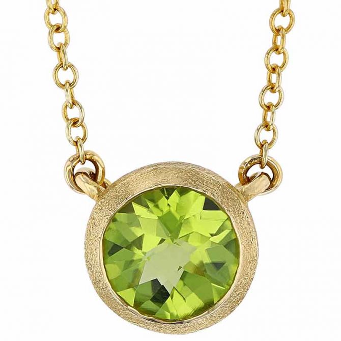 Round Peridot Necklace with Satin Finish Bezel in Yellow Gold, 18"