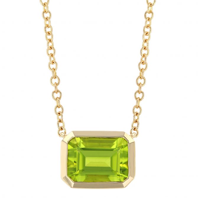 Emerald Cut Peridot Bezel Set Necklace in Yellow Gold, 18"