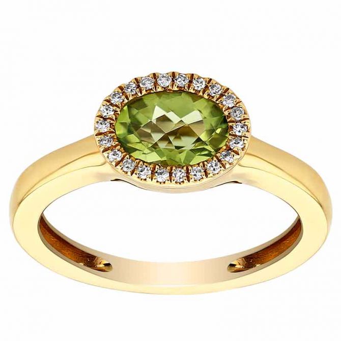 Oval Peridot & Diamond Halo East West Ring in Yellow Gold