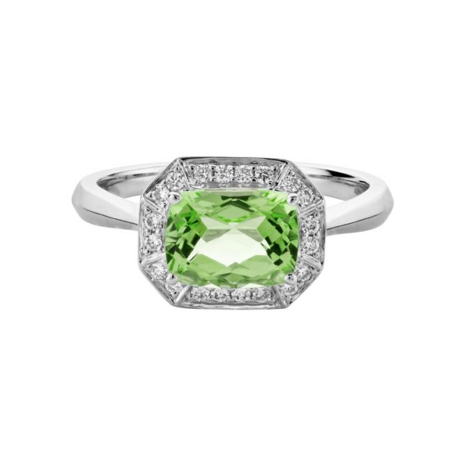 Cushion Peridot & Diamond Halo Octagon Ring in White Gold