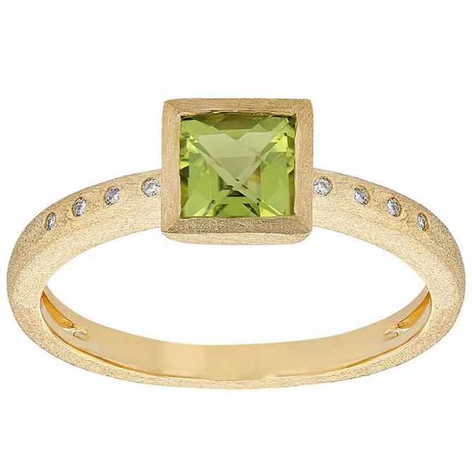 Square Peridot Bezel Set Ring in Satin Yellow Gold with Diamond Sides