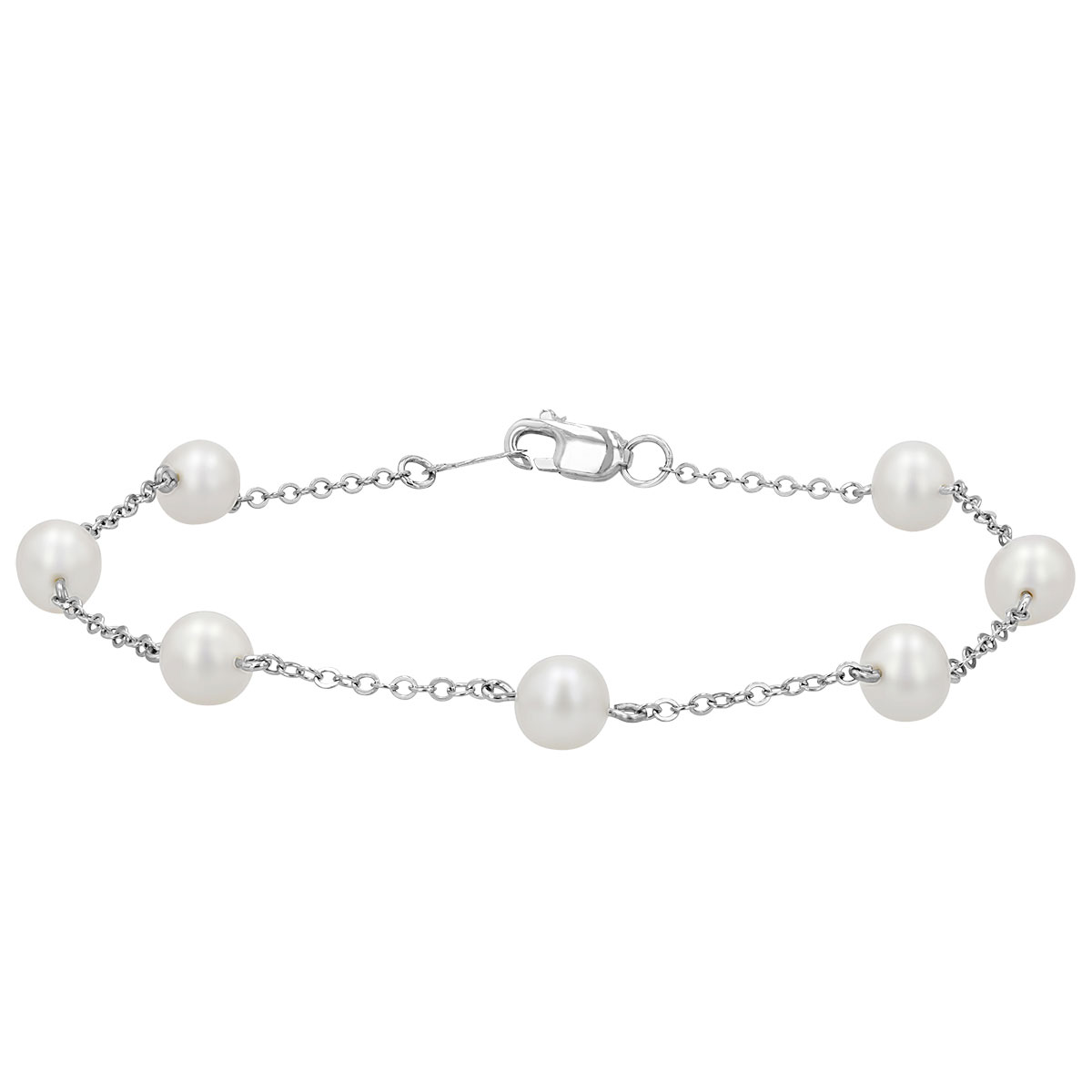 White Cultured Pearl Station Bracelet in White Gold, 7