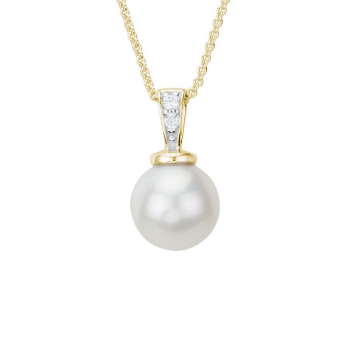 White Freshwater Cultured Pearl & Diamond Bail Pendant in Yellow Gold