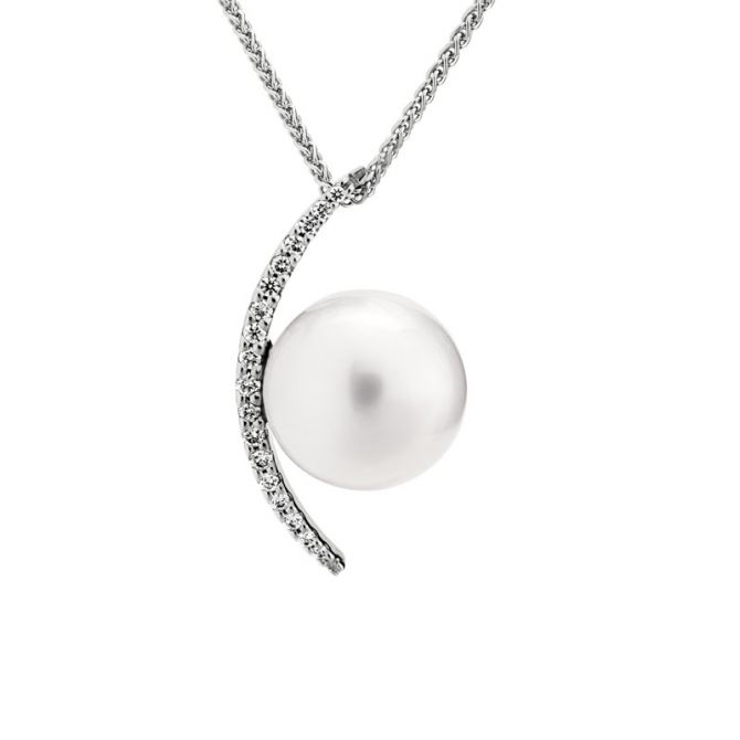 White Cultured Pearl & Diamond Half Moon Pendant in White Gold, 18"