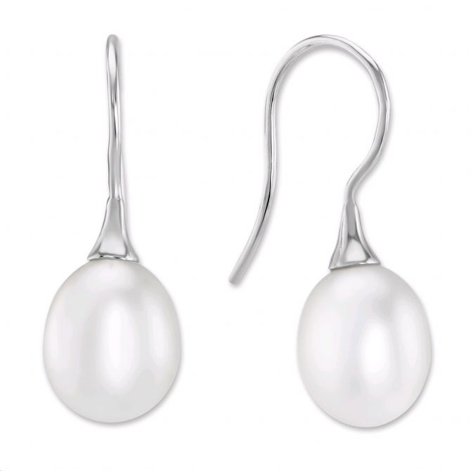 White Cultured Pearl Drop Earrings in White Gold