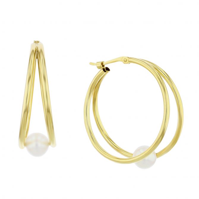 White Cultured Pearl Double Hoop Earrings in Yellow Gold