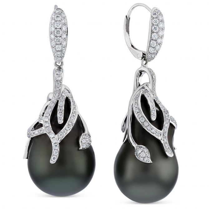 TARA Pearls Black Tahitian Cultured Pearl & Diamond Vine Drop Earrings in White Gold