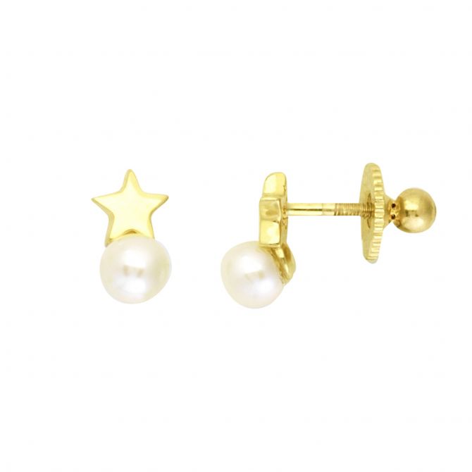 Children's White Cultured Pearl & Yellow Gold Star Scew Back Post Earrings