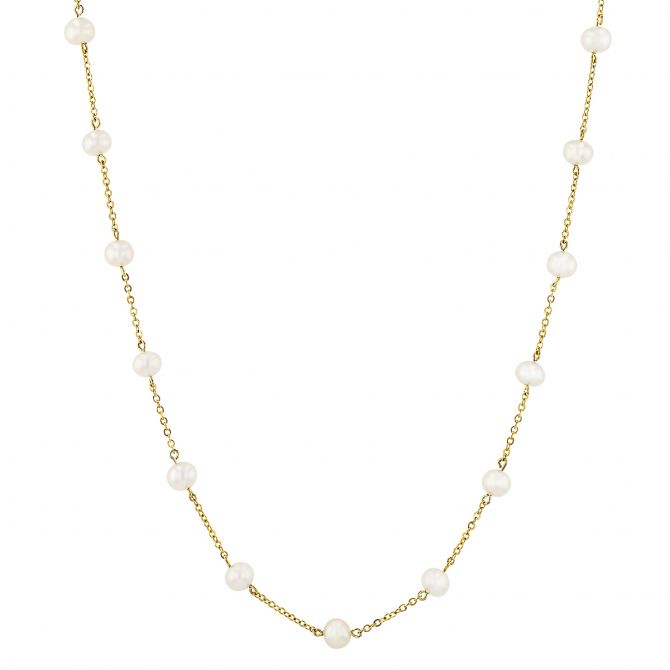 White Cultured Pearl Station By the Yard Necklace in Yellow  Gold, 18"