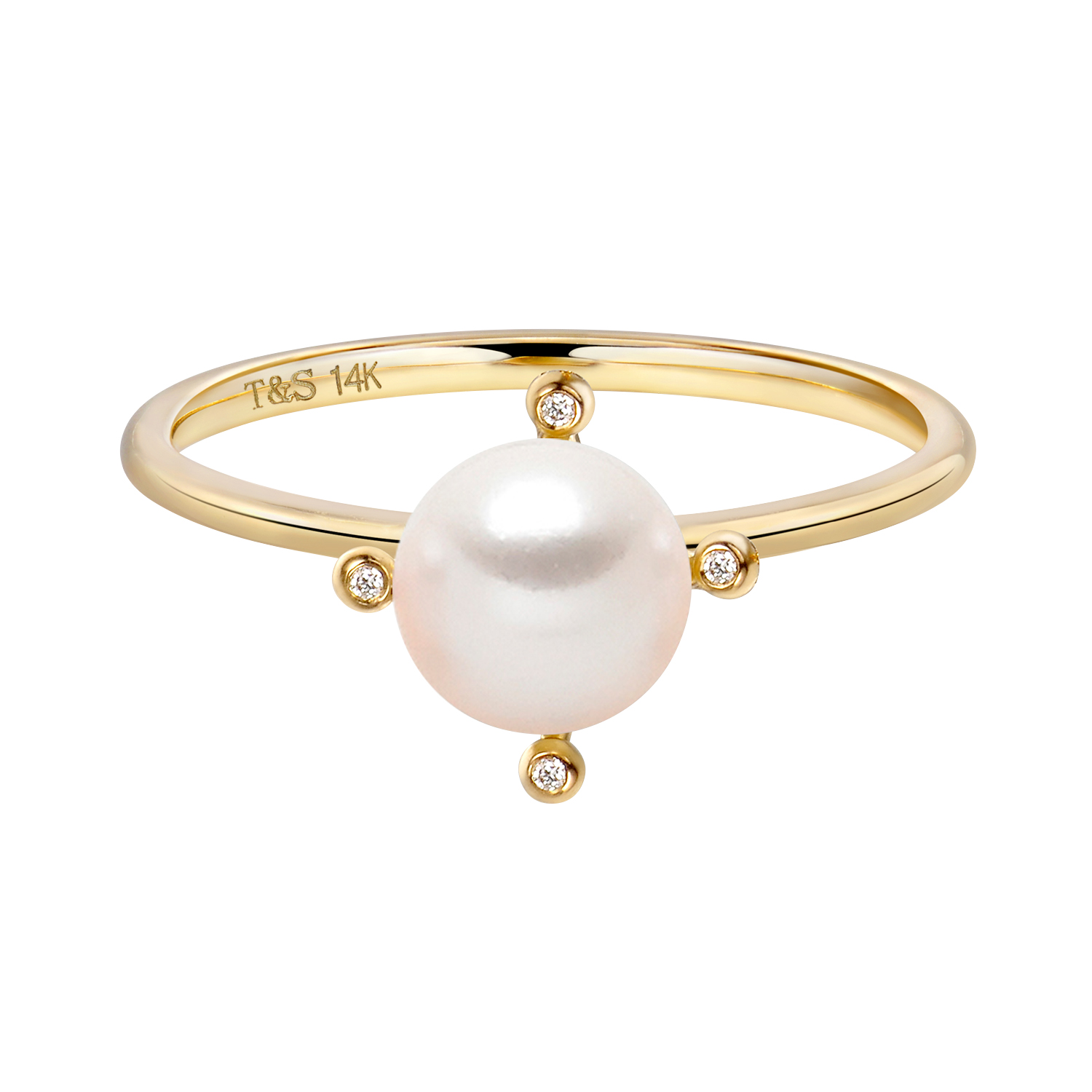 TARA Pearls White Cultured Pearl Ring with 4 Bezel Set Diamonds in ...