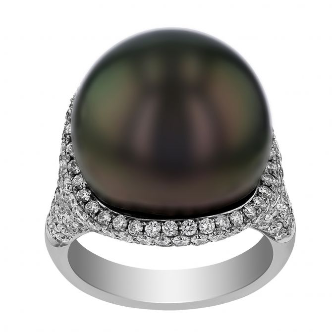 TARA Pearls Black Tahitian South Sea Cultured Pearl & Diamond Pavé Ring in White Gold