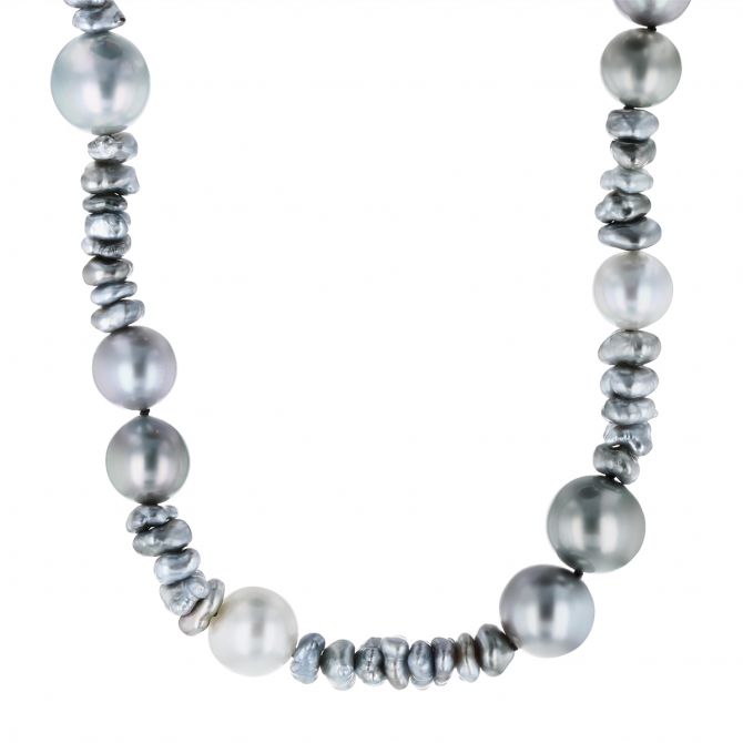 TARA Pearls Multi Shape Black Tahitian Cultured Pearl Strand in Sterling Silver, 17.75"