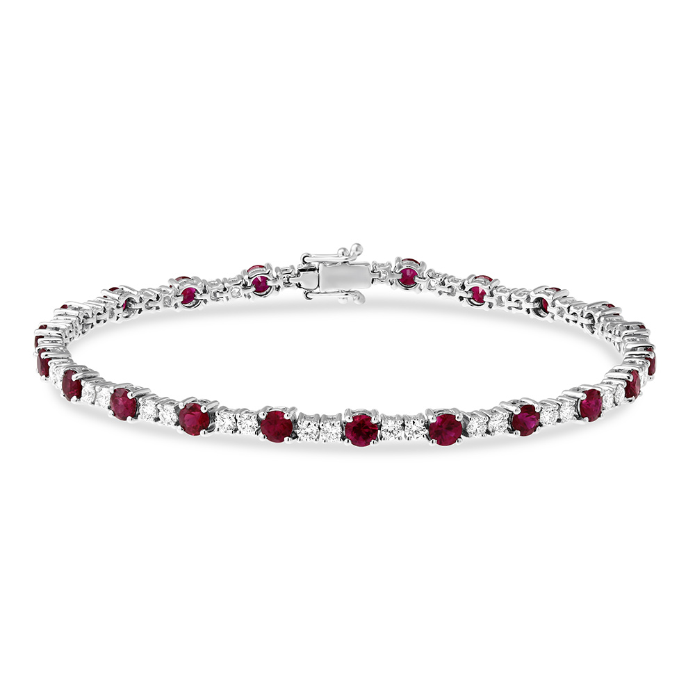 18K White Gold Round Ruby and Diamond Tennis Bracelet, 7