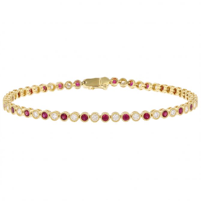 18K Yellow Gold Round Ruby & Diamond Milgrain Bezel Bracelet, 7.5"