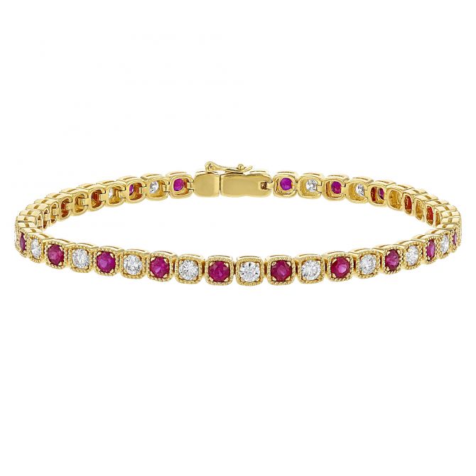 Ruby & Diamond Milgrain Bezel Set Tennis Bracelet in Yellow Gold, 7.25"