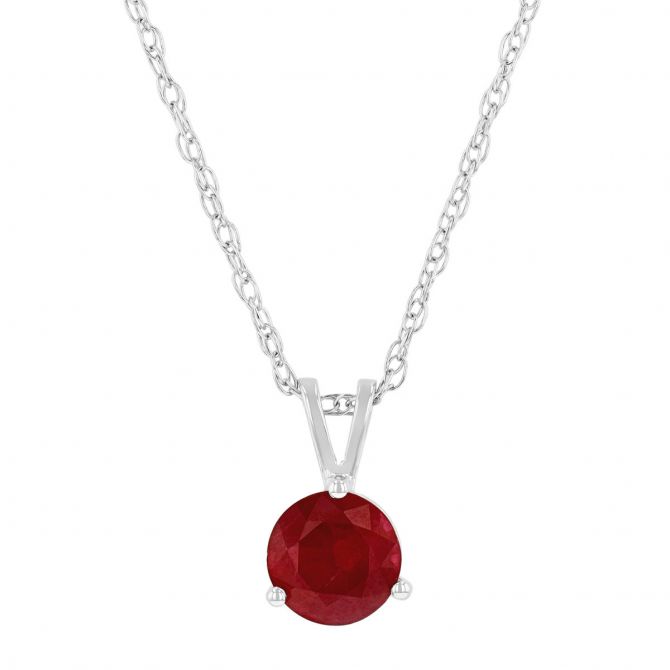 14K White Gold Round Ruby Pendant, 18"