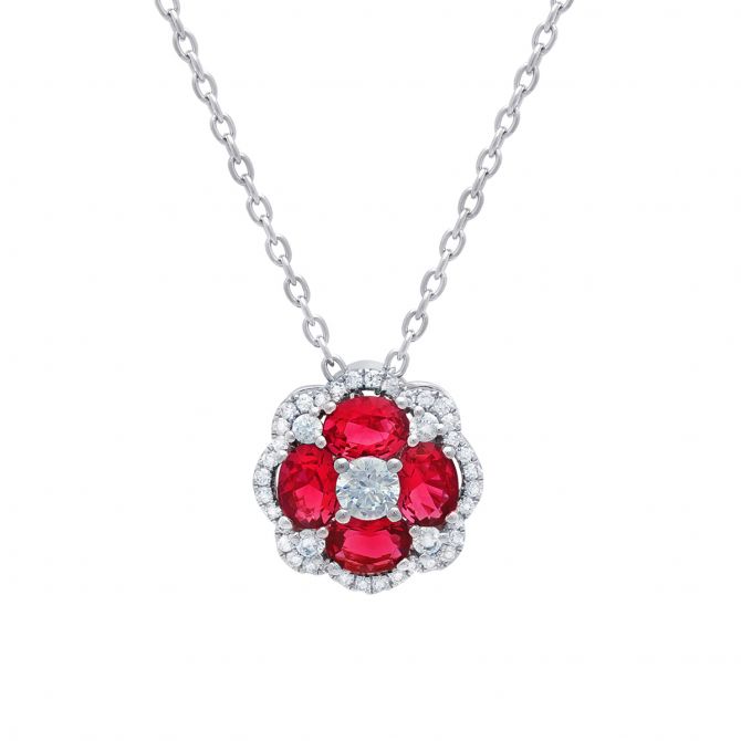 Round Ruby & Diamond Halo Flower Pendant in White Gold, 18"